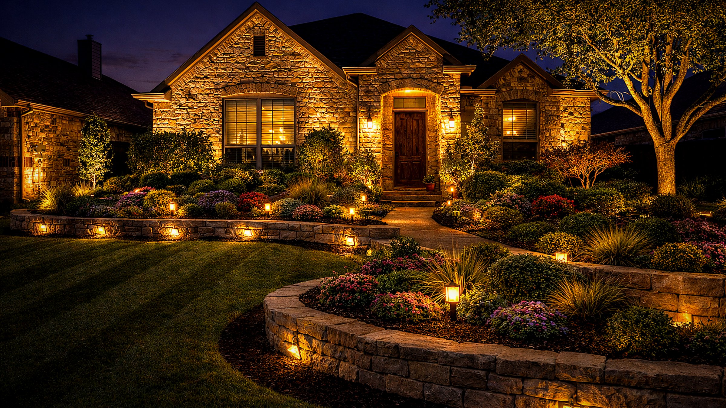 Project 01 after - premium stone edging, lush plantings, and landscape lighting